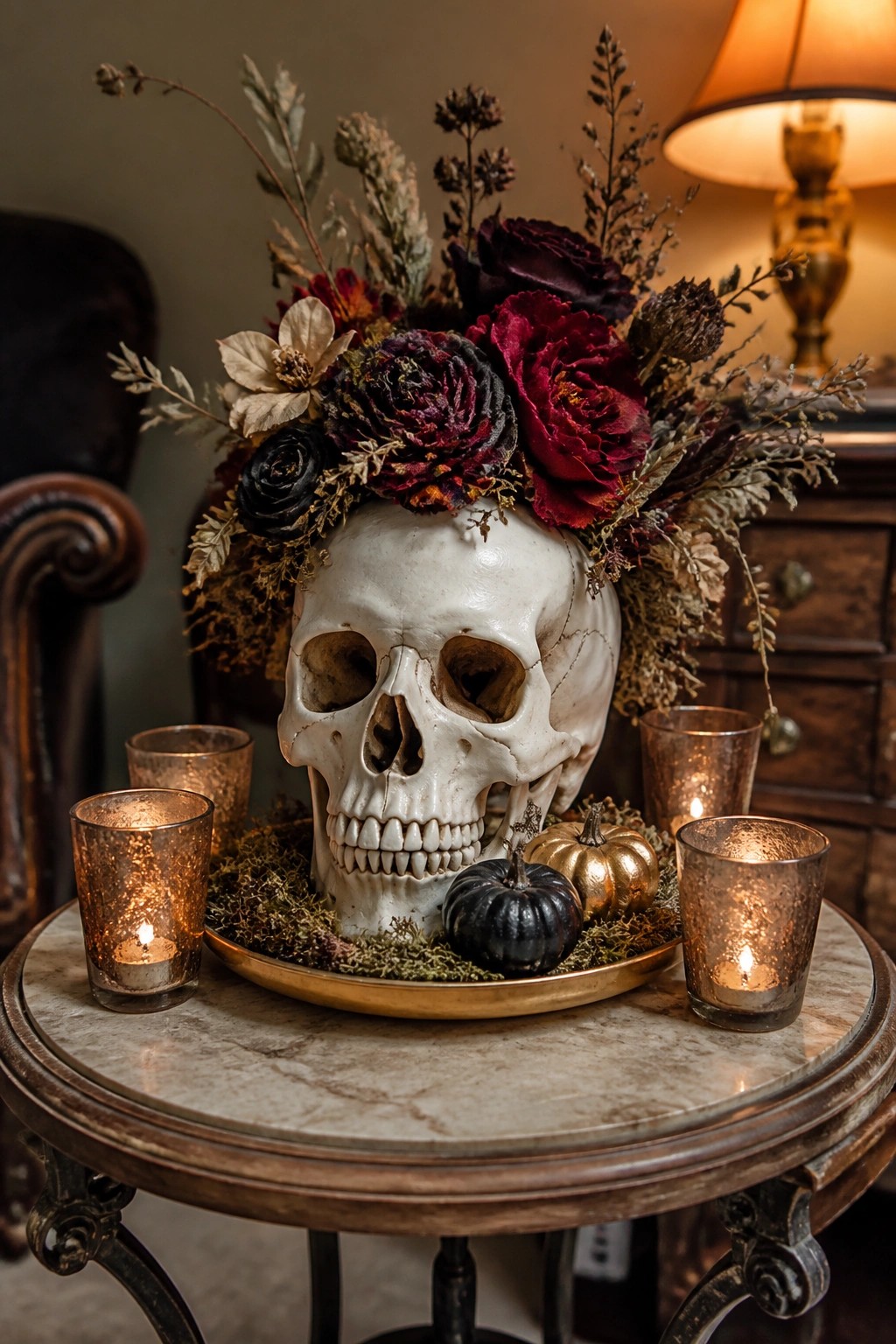 A white skull topped with dark red and black flowers sits on a gold tray with small pumpkins and lit candles around the base.