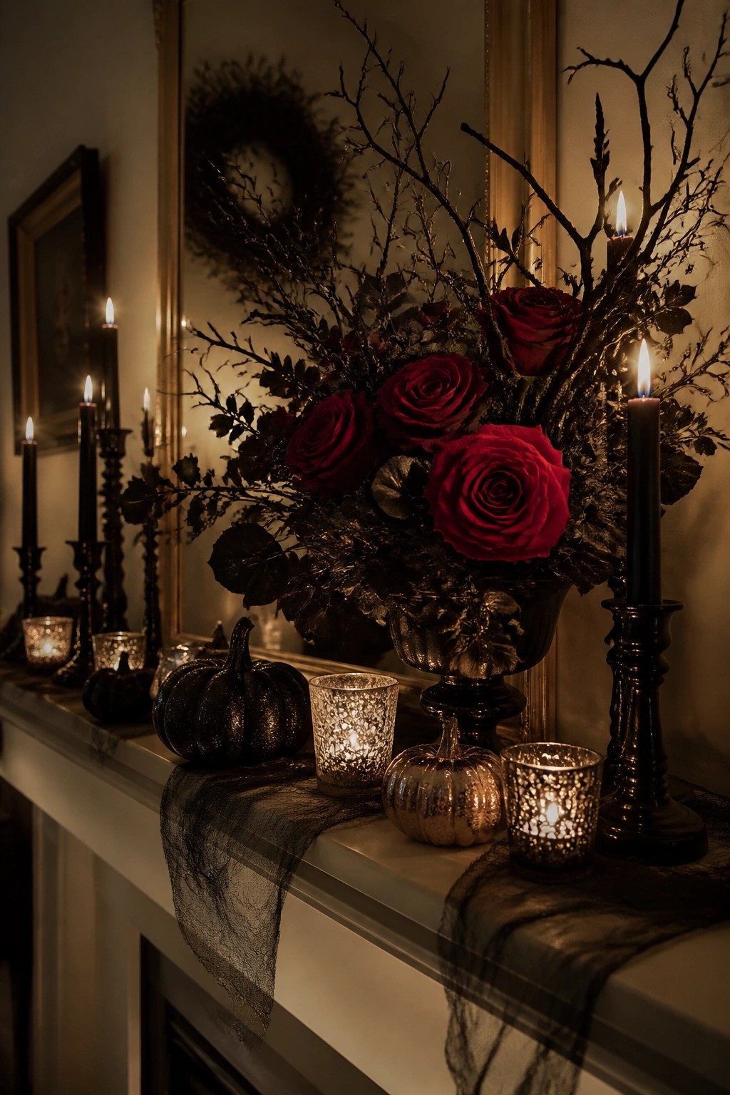 Fireplace mantel with a dark urn holding black branches and red roses, flanked by black candles and small black pumpkins.