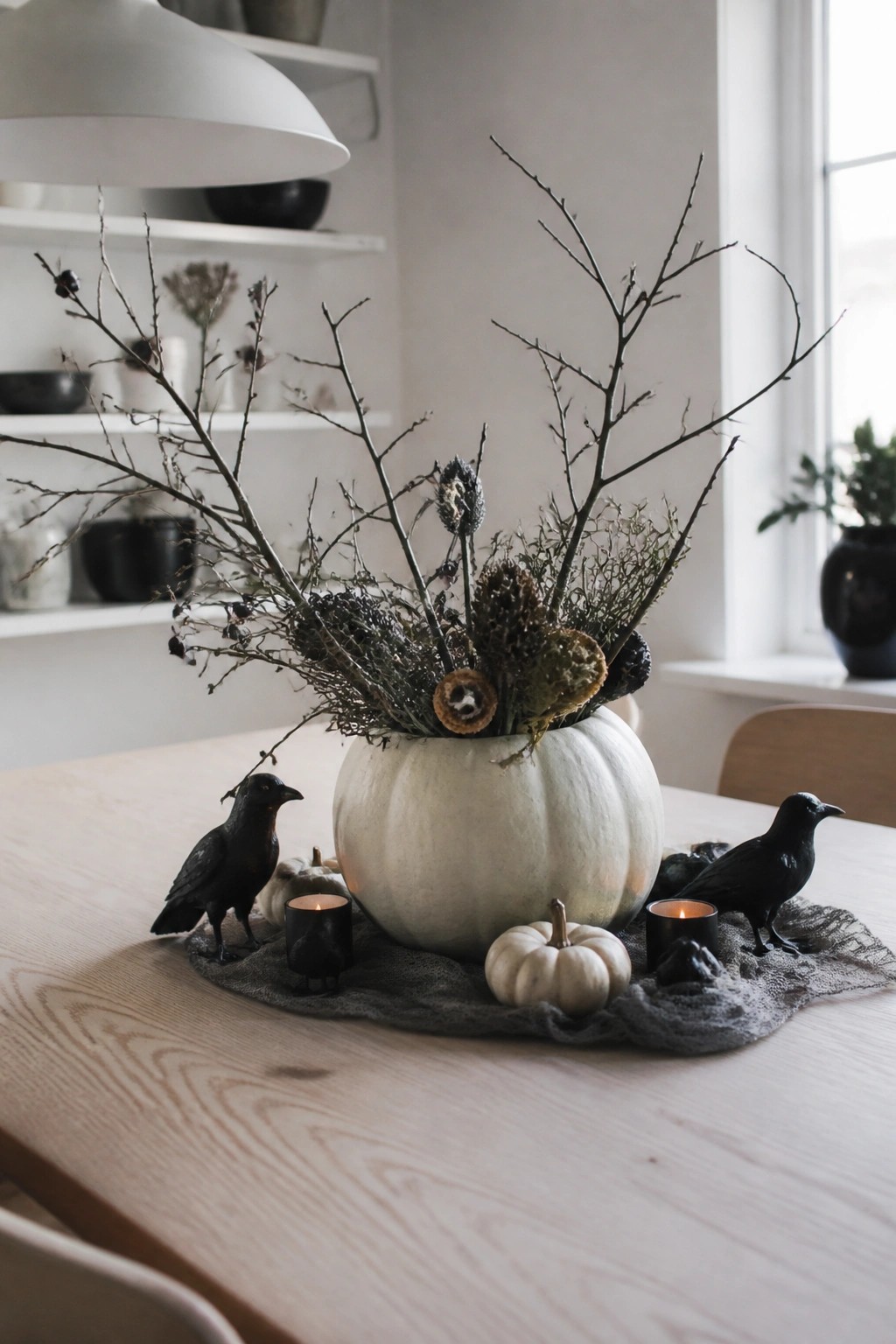 A dining table centerpiece with a white pumpkin holding dark branches and dried foliage, two black crow figurines, and small lit candles on a gray cloth.