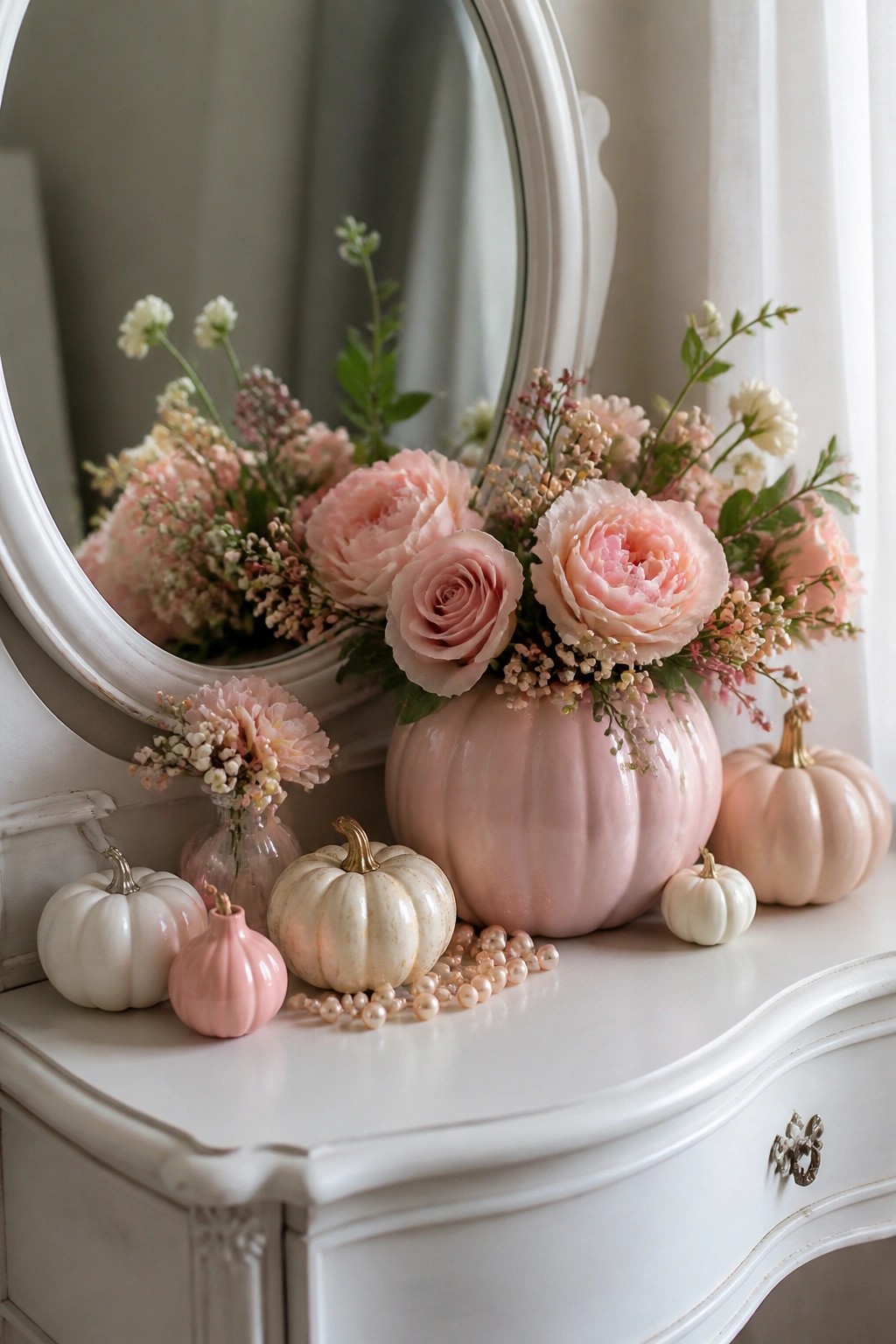 White vanity table decorated with pink and white pumpkins of various sizes, one large pink pumpkin holding pink roses, and a string of pearls.