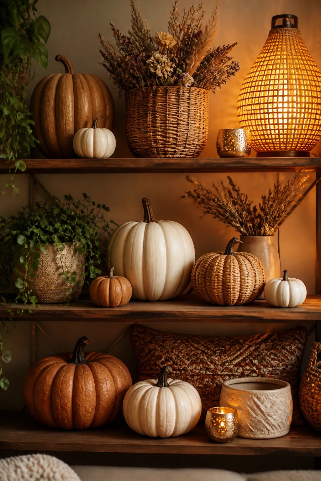 Wooden shelves holding white, orange, and textured pumpkins alongside dried flowers, candles, and houseplants.