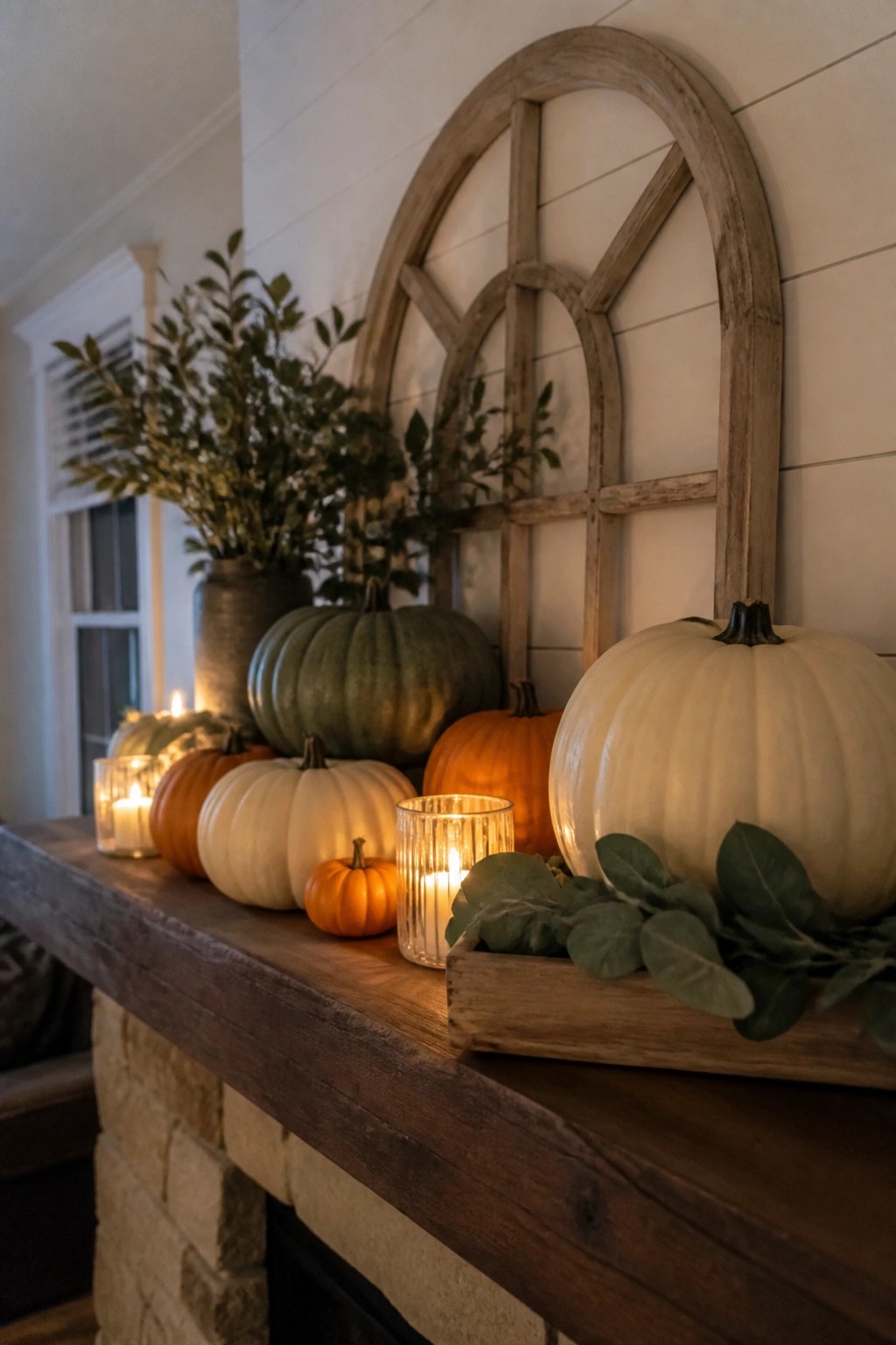 A wooden mantel decorated with white, orange, and green pumpkins of varying sizes, lit candles, and a wooden tray holding greenery.