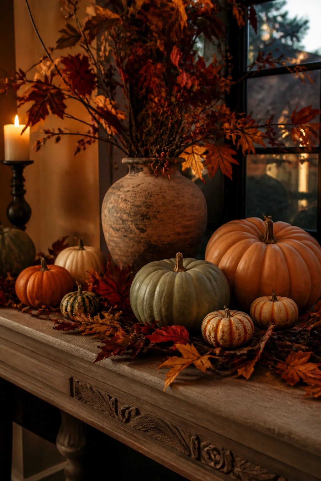 Wooden mantel with assorted pumpkins in orange, green, and striped varieties arranged with autumn leaves and a lit candle.