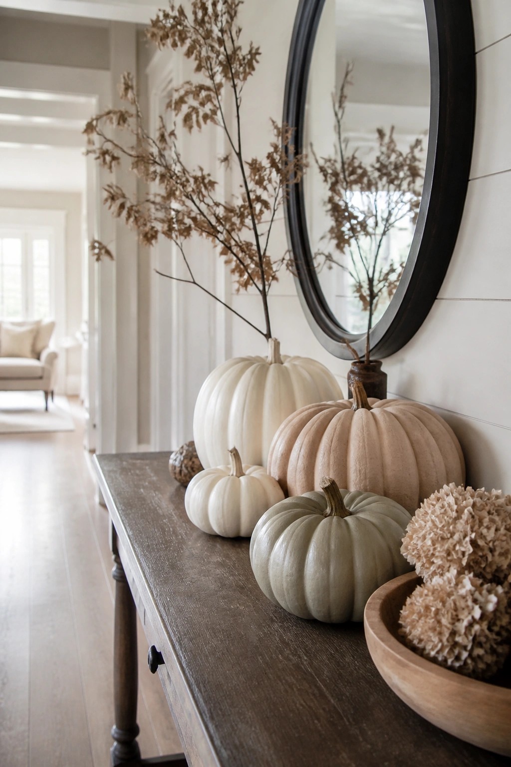 Assorted neutral pumpkins with dried branches on wooden console beside round mirror