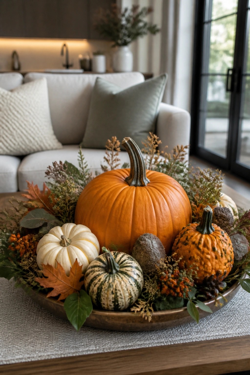 A wooden tray on a living room coffee table holds several pumpkins of different sizes and colors surrounded by autumn leaves and small branches.