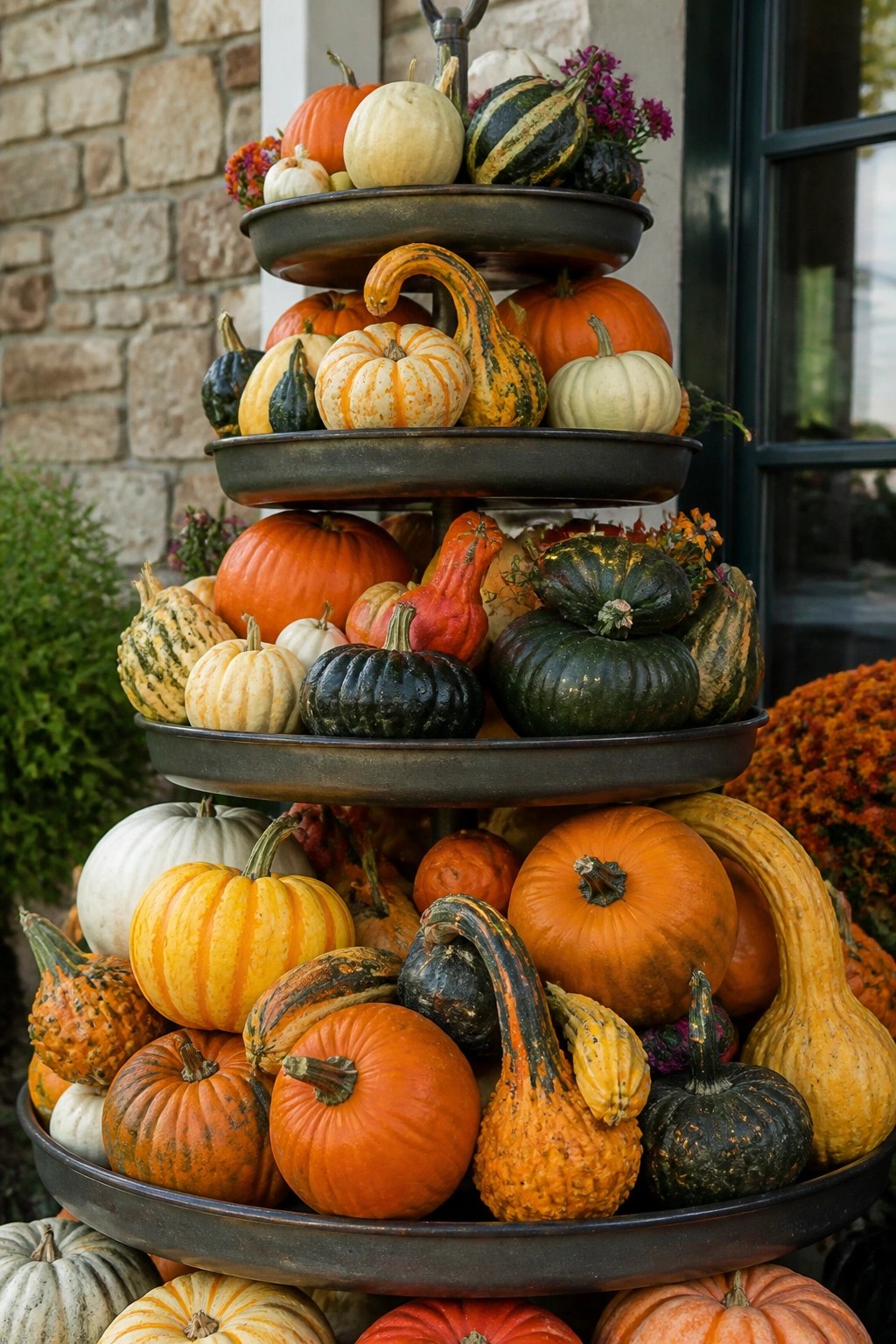 Three-tiered metal stand brimming with colorful assorted pumpkins and gourds outdoors.