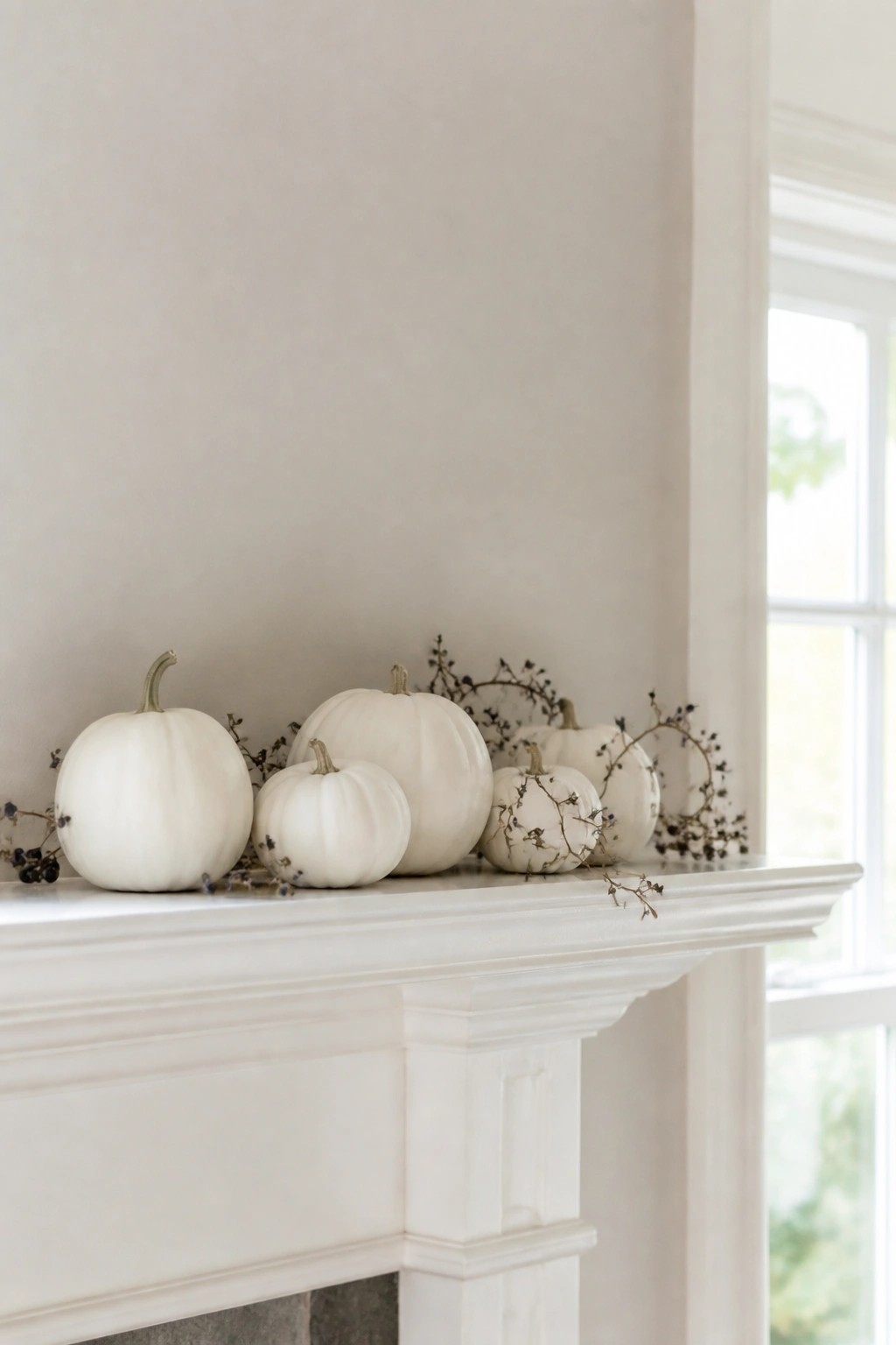 White fireplace mantel decorated with several white pumpkins of varying sizes and dark berry branches.