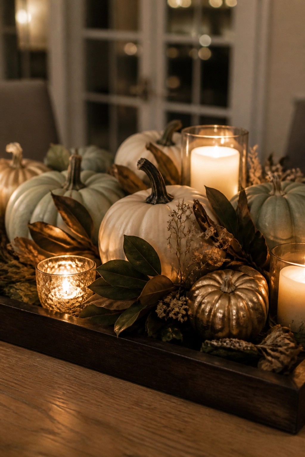 A dark wooden tray holding white, sage green, and metallic pumpkins with two lit candles and scattered dried leaves on a wooden table.
