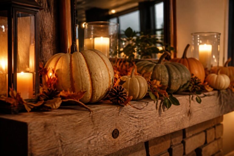 25 Charming Pumpkin Decorating Ideas to Brighten Your Autumn Wooden mantel lined with orange, white, and green pumpkins, black lanterns with lit candles, and scattered autumn leaves.