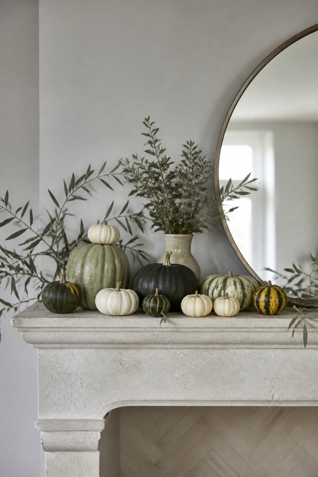Stone fireplace mantel arranged with various pumpkins in white, green, black, and striped patterns along with greenery in a ceramic vase.