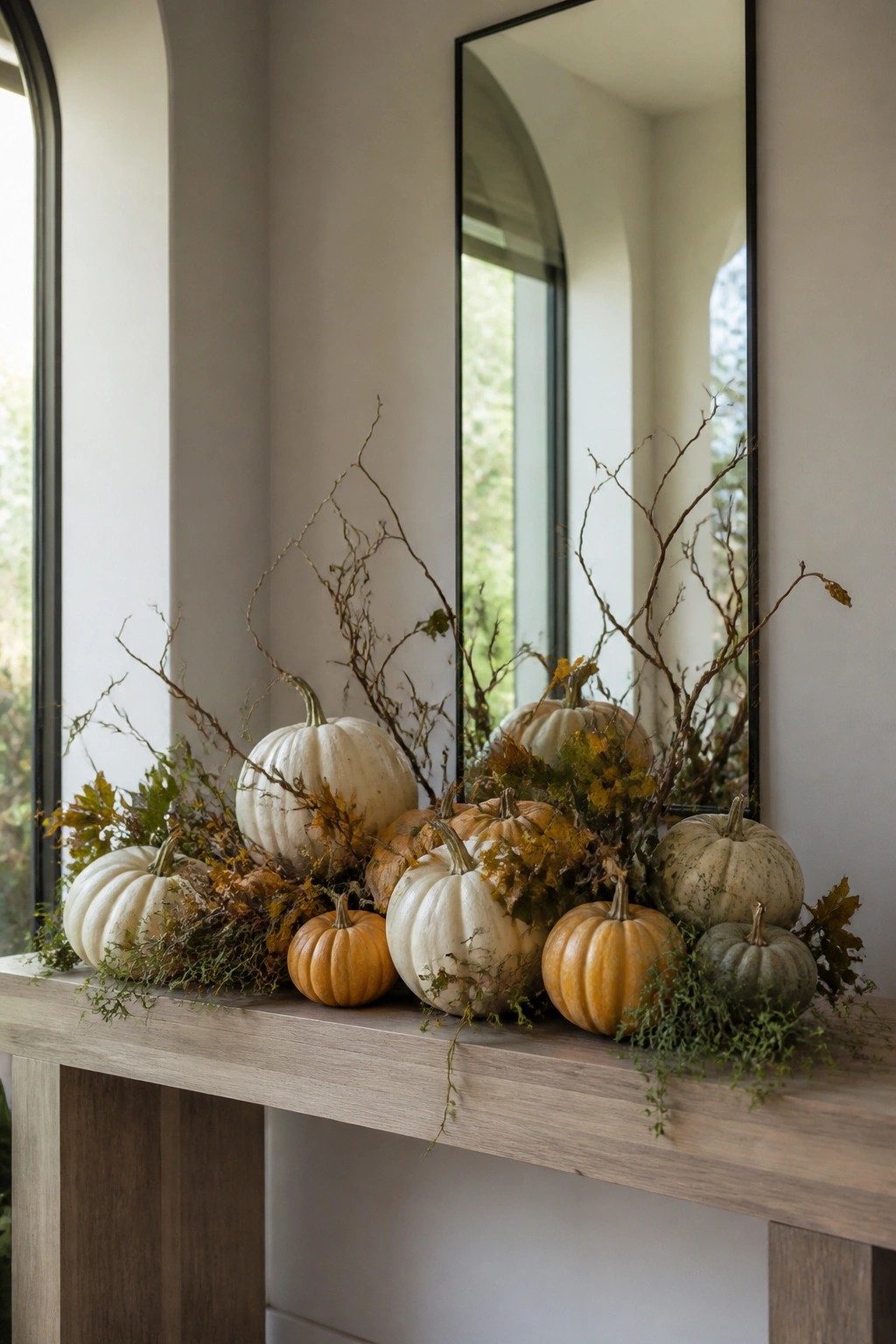 Entry console decorated with white, orange, and green pumpkins arranged with twigs and autumn leaves beneath a large mirror.