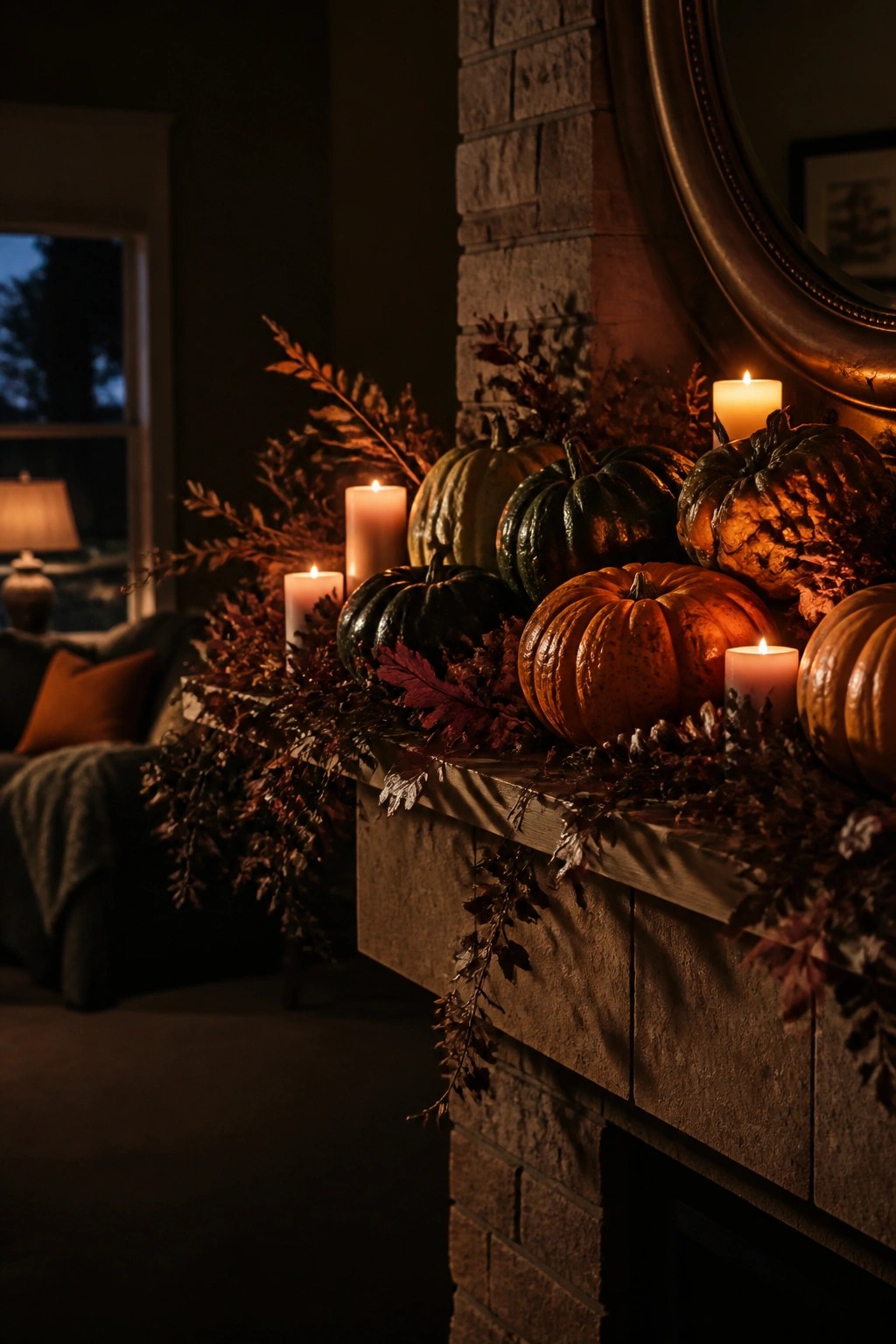 Autumn mantel with pumpkins, lit candles, and dried fall foliage on stone fireplace