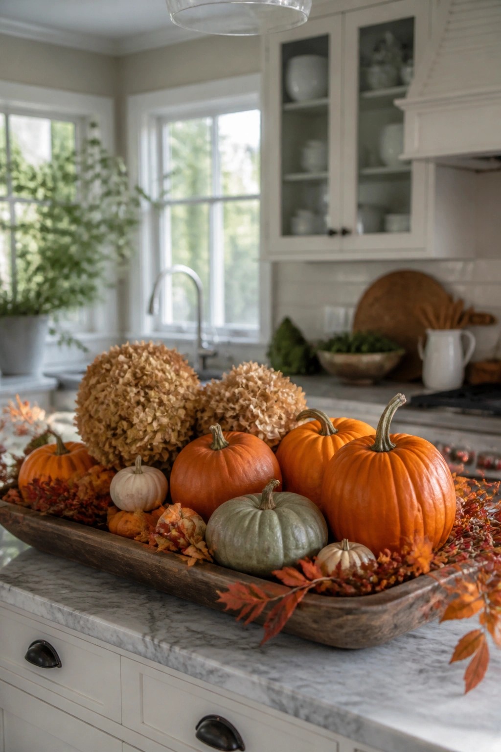 A wooden tray holding orange, green, and white pumpkins with dried hydrangeas rests on a white marble kitchen counter.