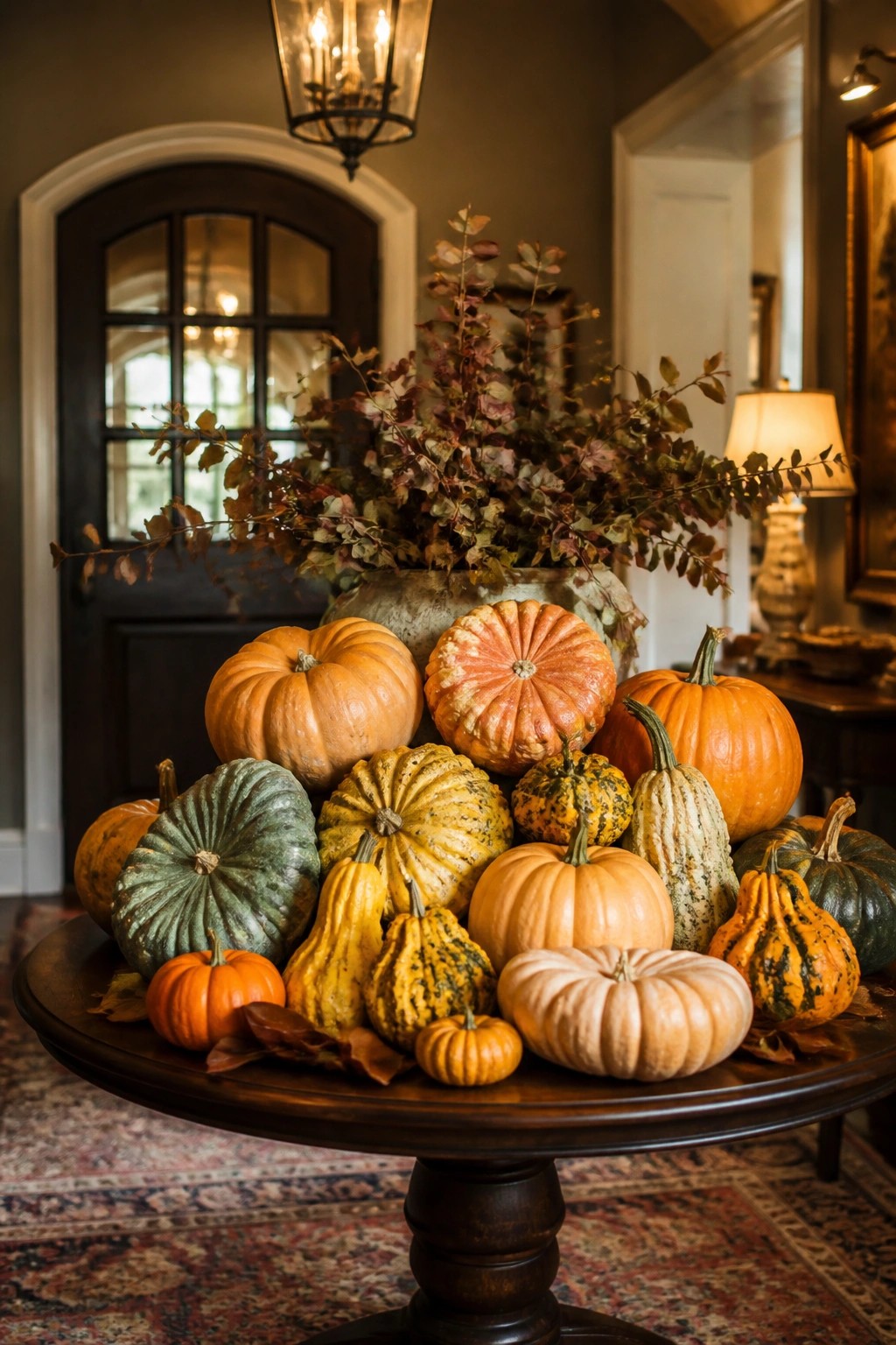 Round wooden table holding a large assortment of orange, green, and white pumpkins with autumn foliage in a vase behind them.
