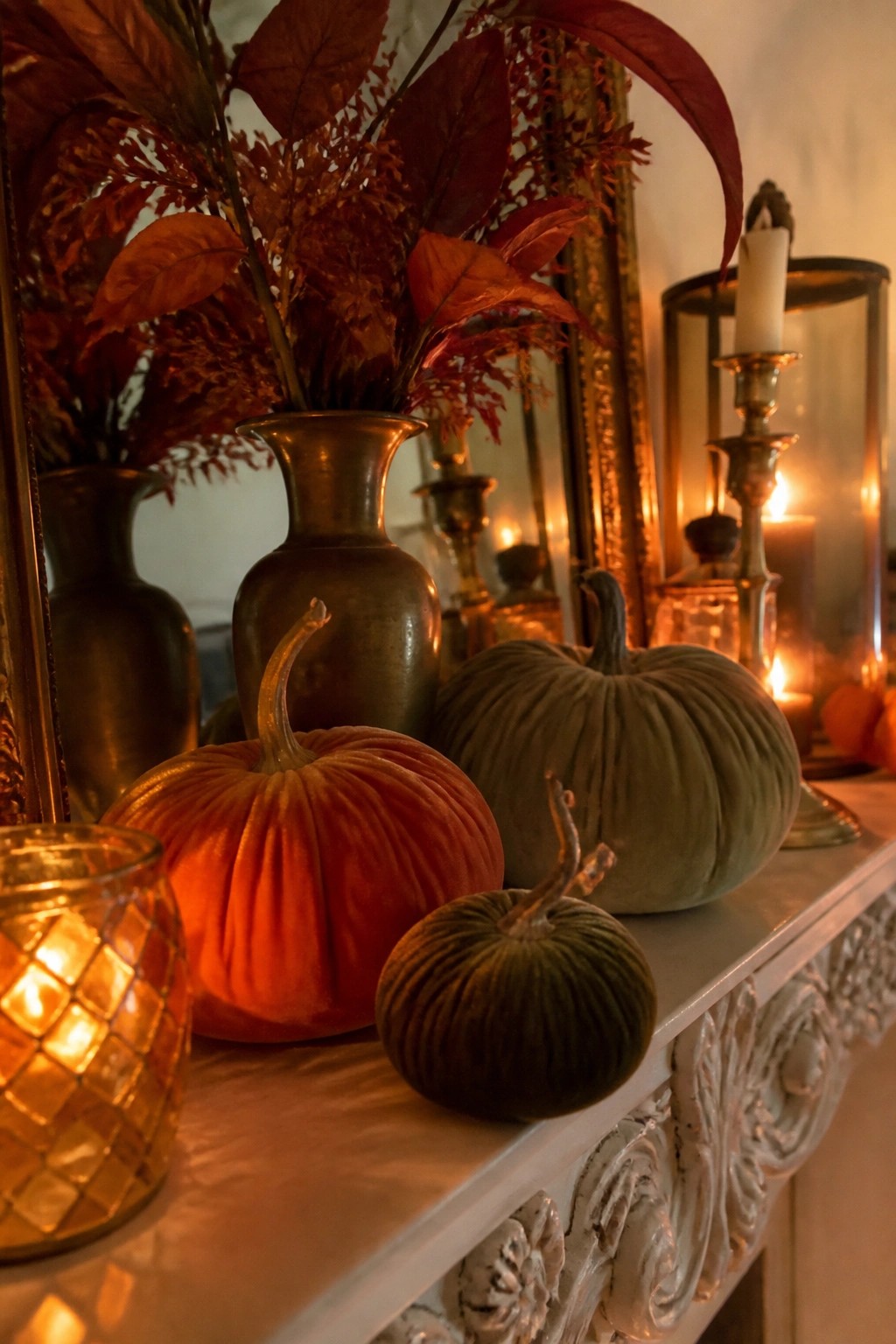 White mantel styled with orange and green velvet pumpkins, brass vases holding red autumn leaves, and several lit candles in glass holders.
