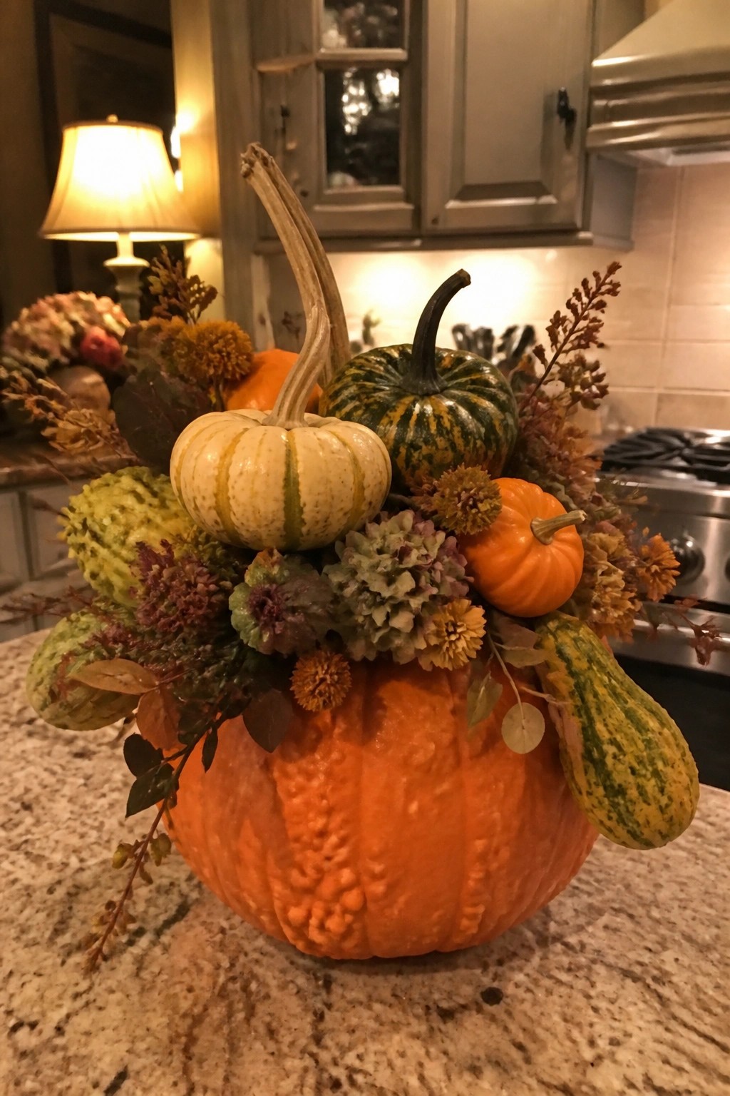 Large orange pumpkin filled with smaller pumpkins and gourds on a kitchen countertop.