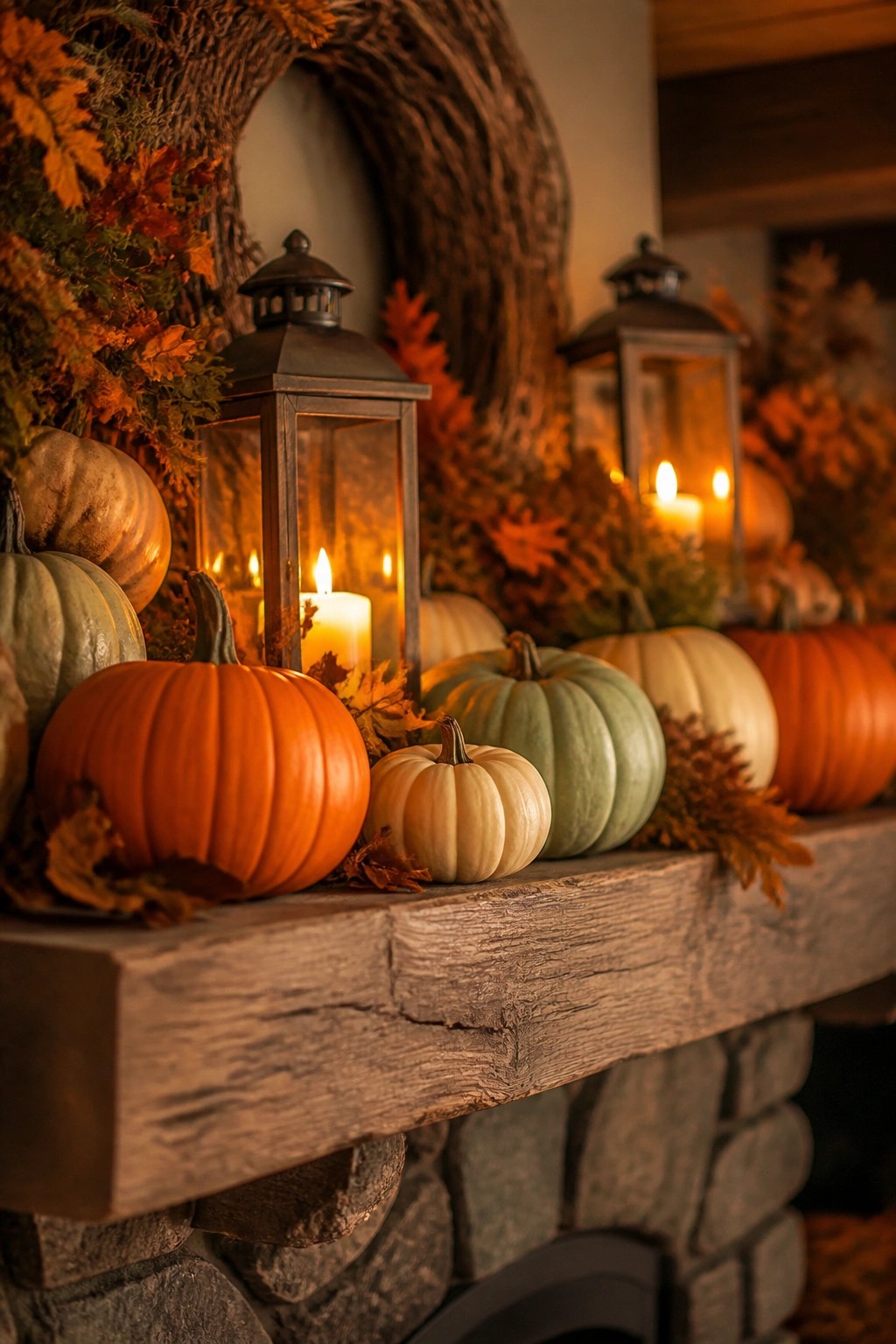 Wooden mantel lined with orange, white, and green pumpkins, black lanterns with lit candles, and scattered autumn leaves.