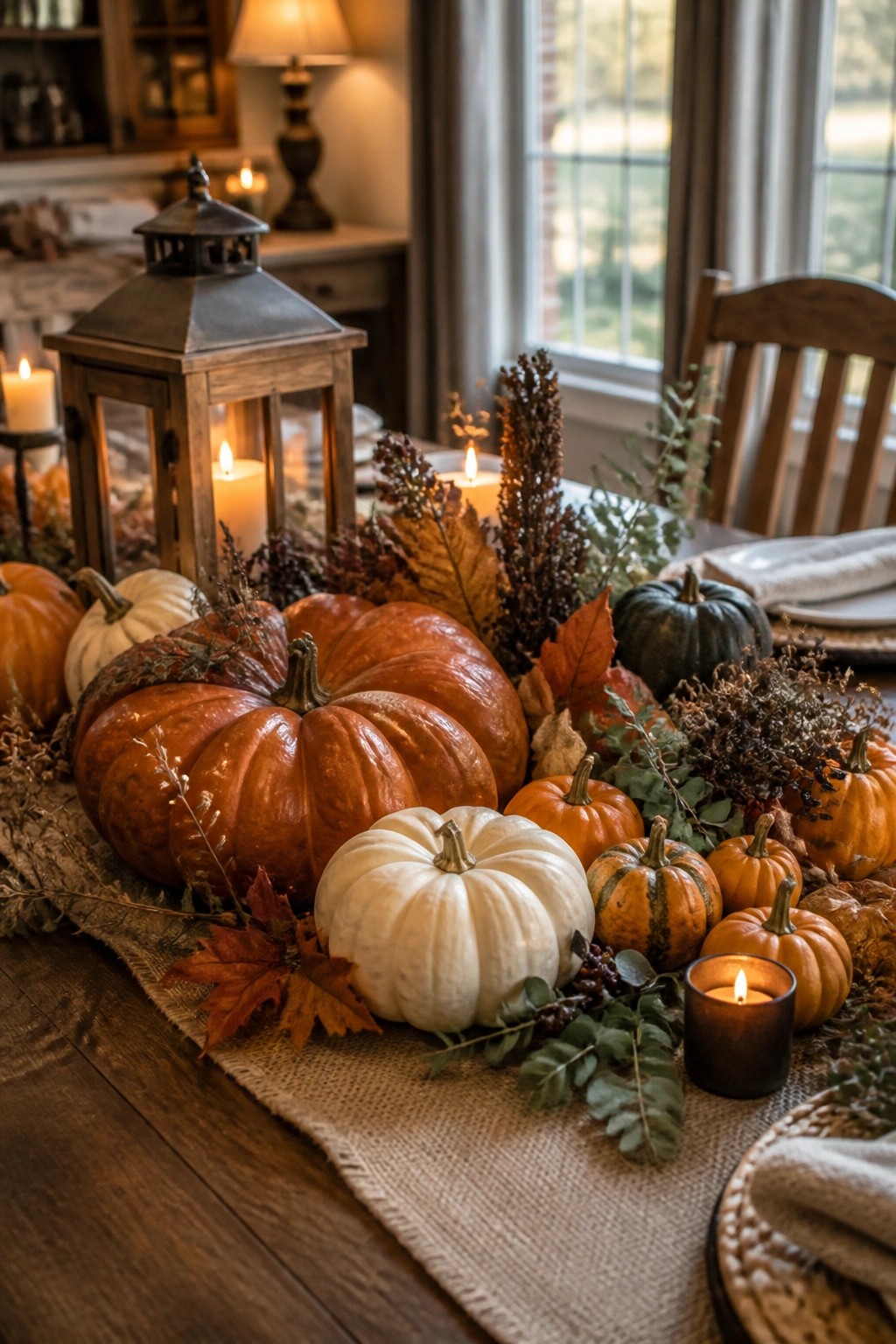 Autumn centerpiece with orange white pumpkins, lantern, candles, and dried leaves on burlap.