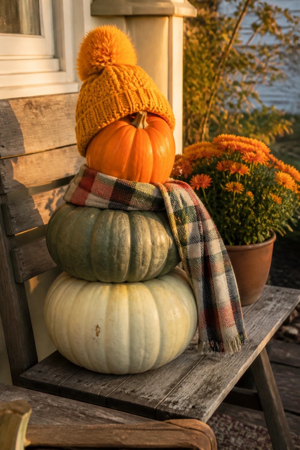 Three stacked pumpkins on a wooden bench, with the top one wearing an orange knit hat and a plaid scarf wrapped around the middle pumpkin.