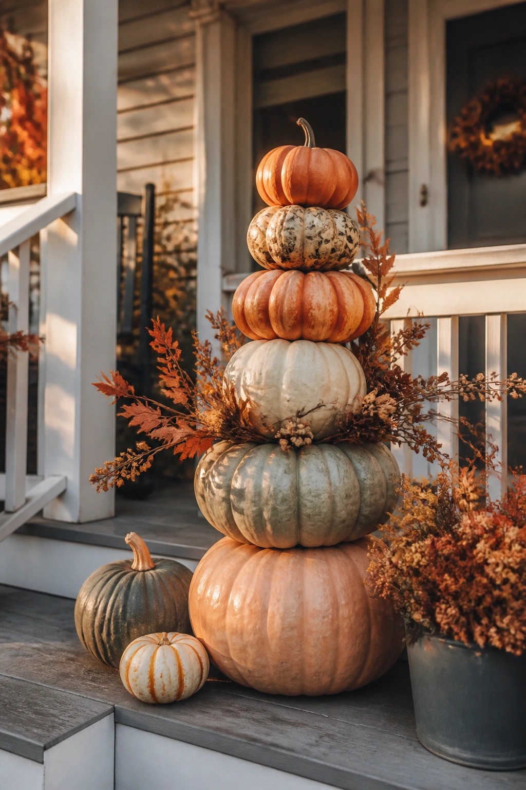 Stacked multicolored pumpkins with autumn foliage on wooden porch steps
