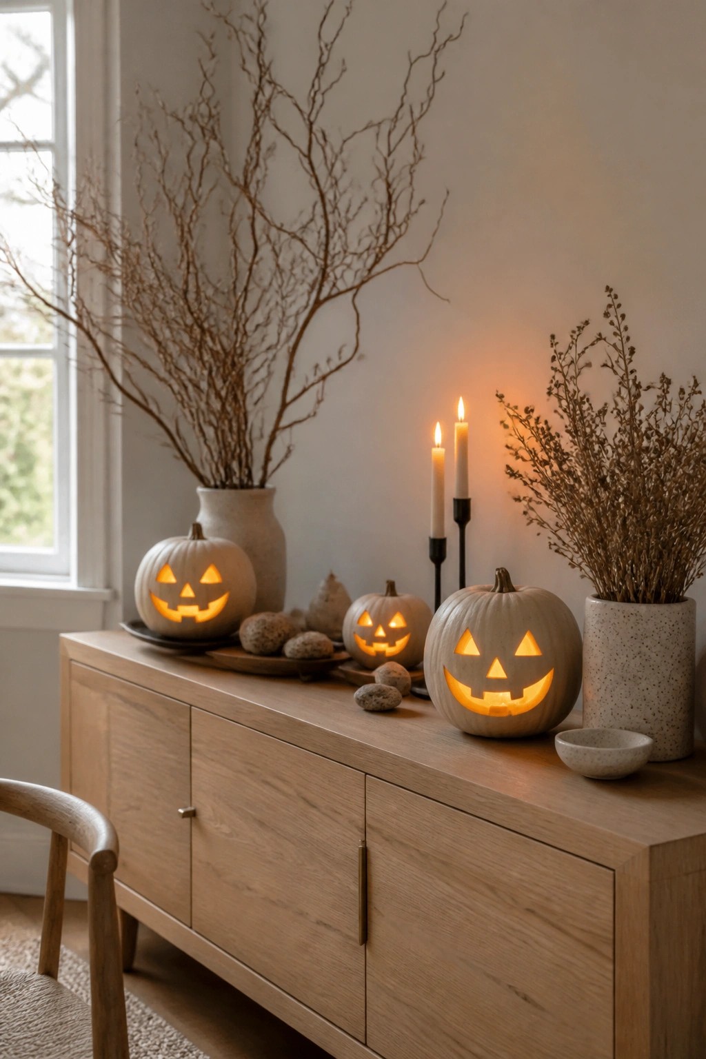 Wooden sideboard with glowing jack-o'-lanterns, candles, and dried branches in vases.
