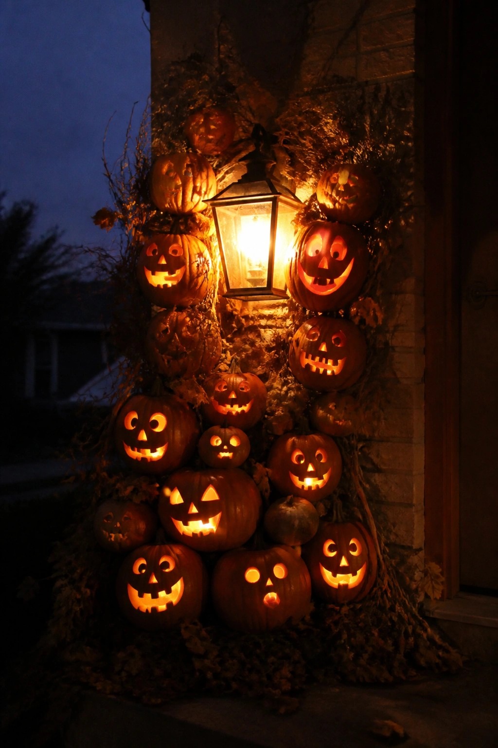 Front entry stacked with many carved and glowing jack o lanterns arranged around a lit wall lantern on a brick wall.