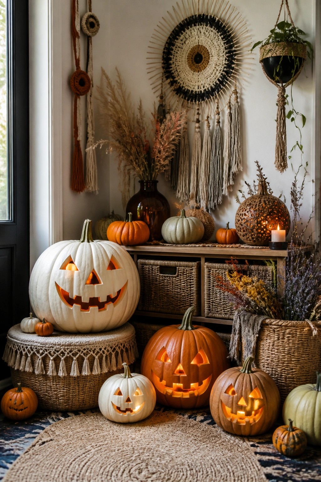 An entryway corner with multiple carved jack-o’-lanterns in white and orange arranged on the floor and console table.