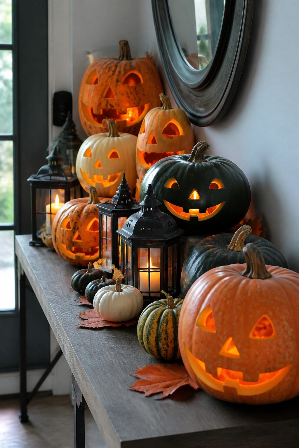 An entryway console table filled with glowing carved jack o lanterns in orange, white, green, and striped varieties, surrounded by black lanterns.
