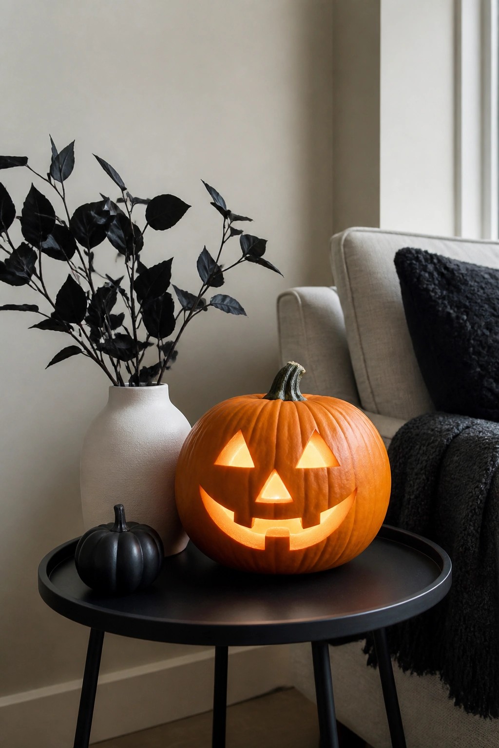 Lit jack-o'-lantern on a black tray table beside a small black pumpkin and white vase holding dark branches.