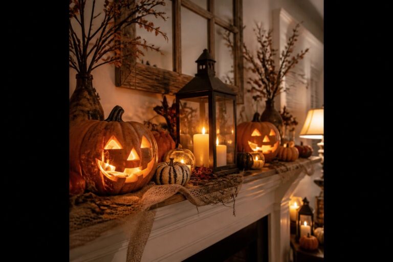 25 Cute Jack-O’-Lantern Ideas That Will Make Everyone Smile Fireplace mantel decorated with multiple glowing jack o lanterns carved with smiling faces, along with small pumpkins, lanterns, and autumn foliage.