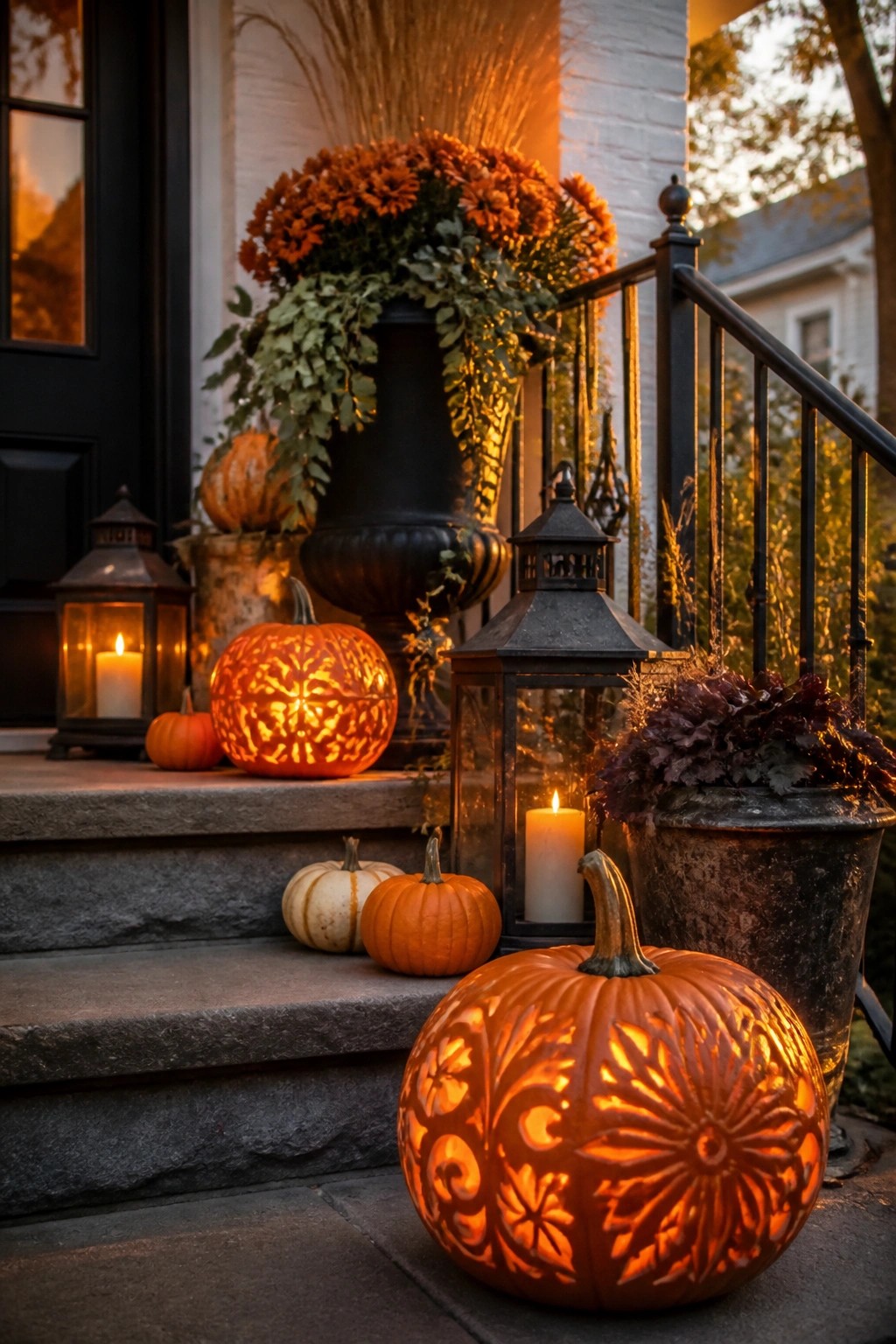 Front porch steps lined with multiple carved and lit jack-o’-lanterns showing floral patterns, next to black lanterns and autumn planters.