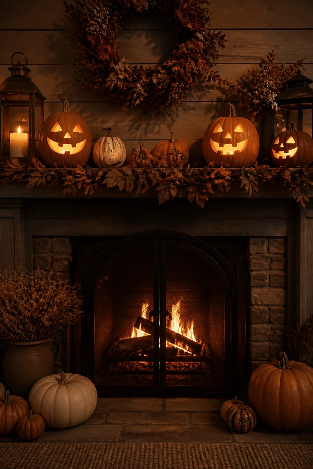 Fireplace mantel decorated with multiple glowing jack o lanterns carved with smiling faces, along with small pumpkins, lanterns, and autumn foliage.