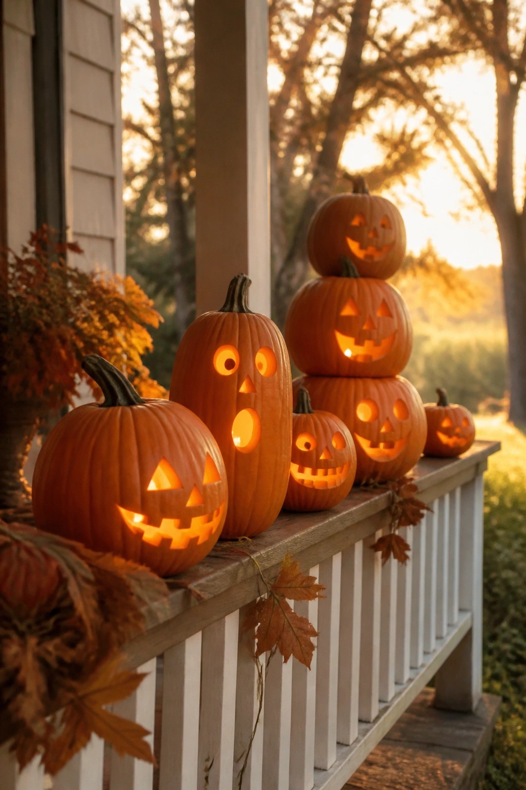 Front porch railing lined with glowing jack-o'-lanterns of different sizes and carved smiling faces.