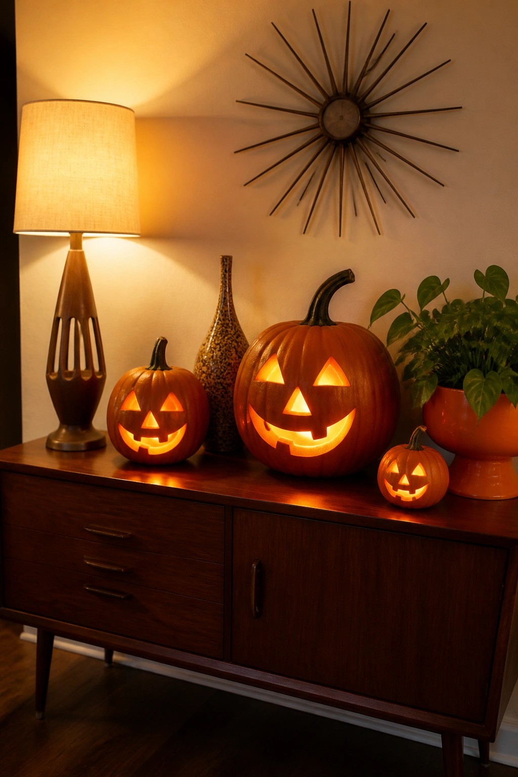 Wooden console table with three carved jack-o’-lanterns of varying sizes glowing beside a lamp and houseplant.