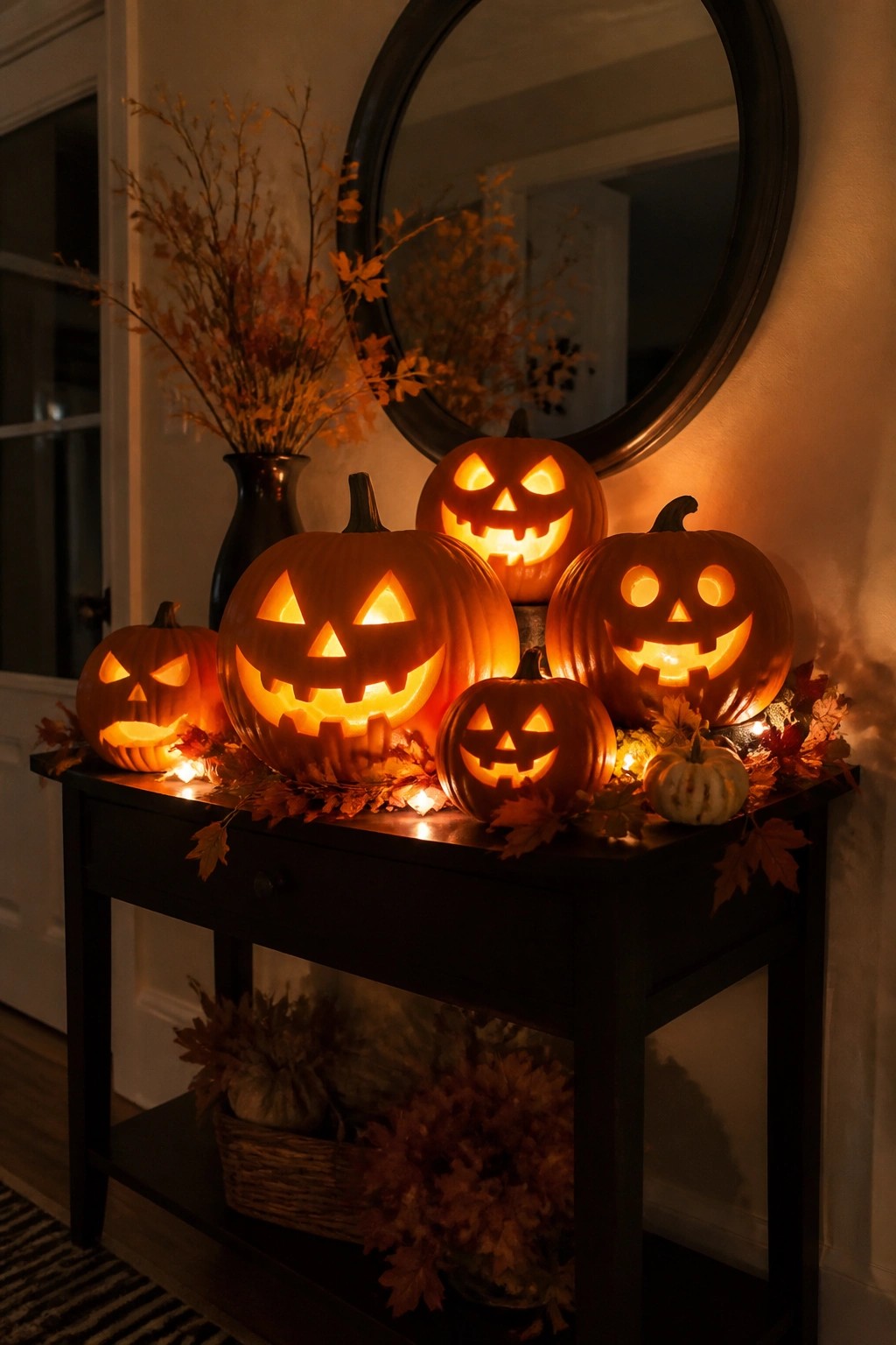 Several carved jack-o'-lanterns with glowing faces arranged on a dark console table in an entryway, with autumn leaves and string lights around the base.