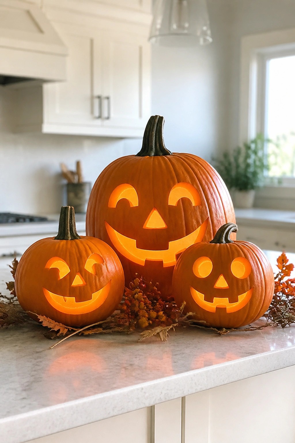 Three lit jack o lanterns with smiling carved faces arranged on a white marble kitchen counter.