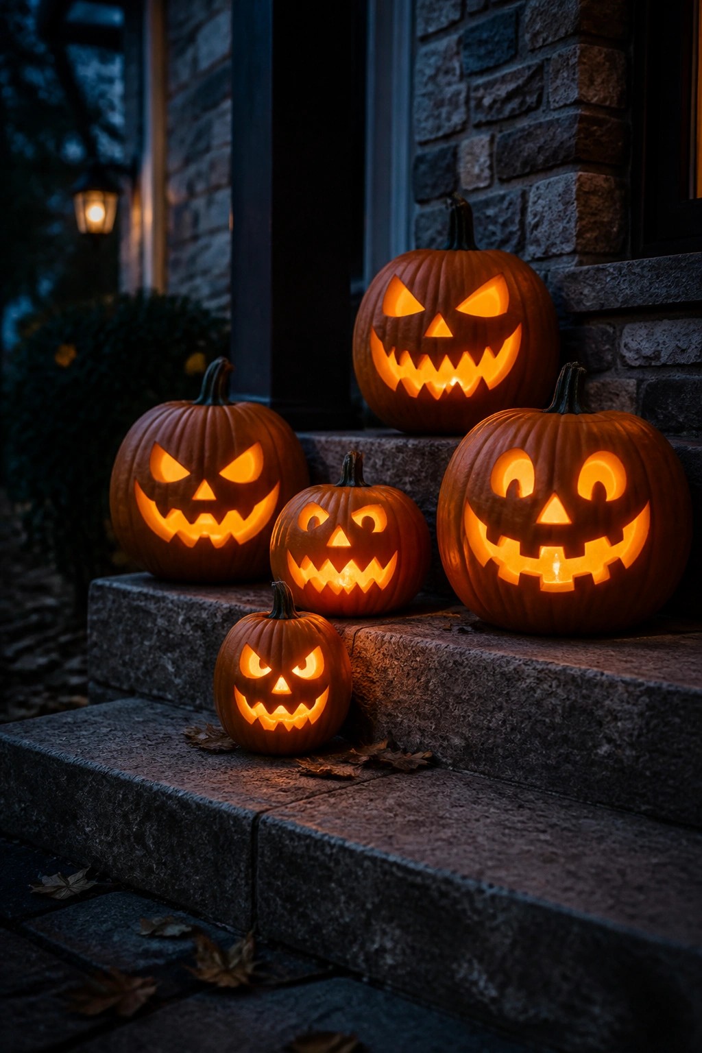 Several lit jack o lanterns of different sizes with carved faces arranged on the stone steps of a house entrance.