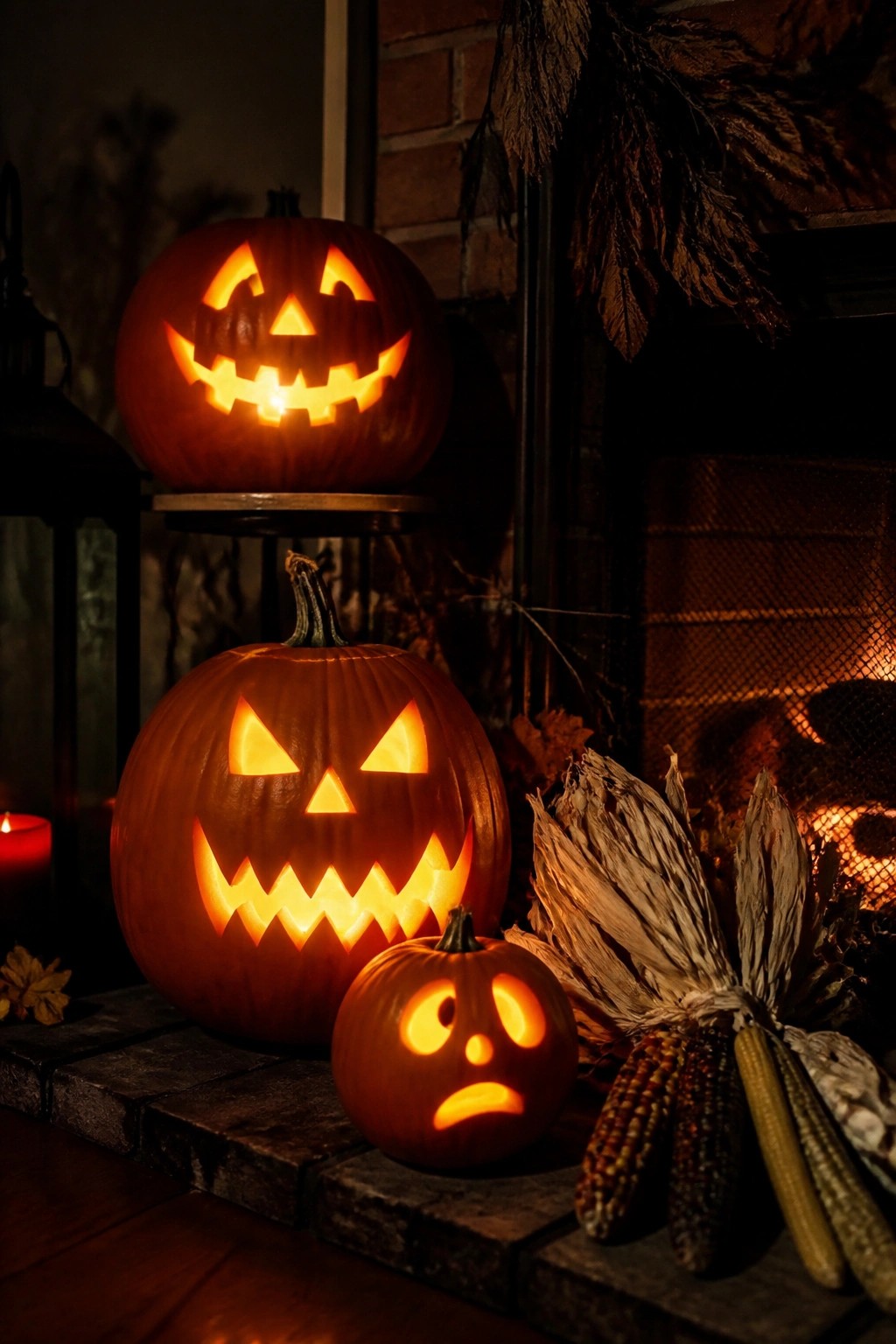 Three lit jack o lanterns with different carved expressions rest on a brick hearth next to dried corn and autumn leaves.