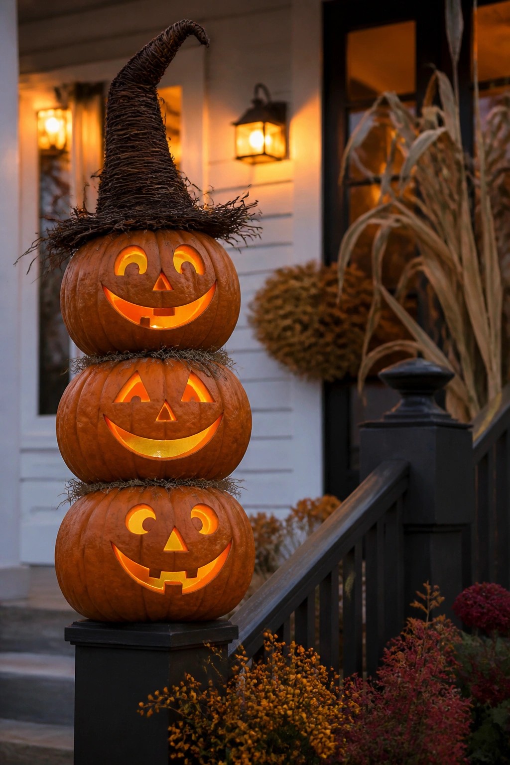 Three stacked glowing jack-o'-lanterns with witch hat on autumn porch at night