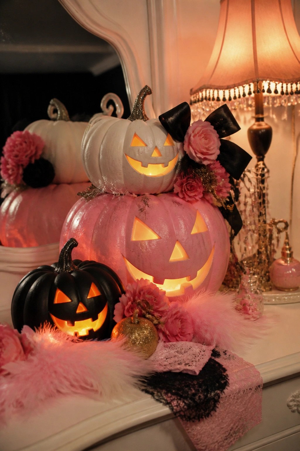 Stacked pink, white, and black jack-o'-lanterns with black bows and pink flowers arranged on a white vanity.