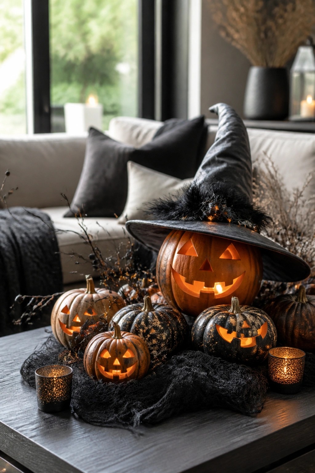 Large pumpkin with witch hat amid smaller carved jack-o'-lanterns and candles on table