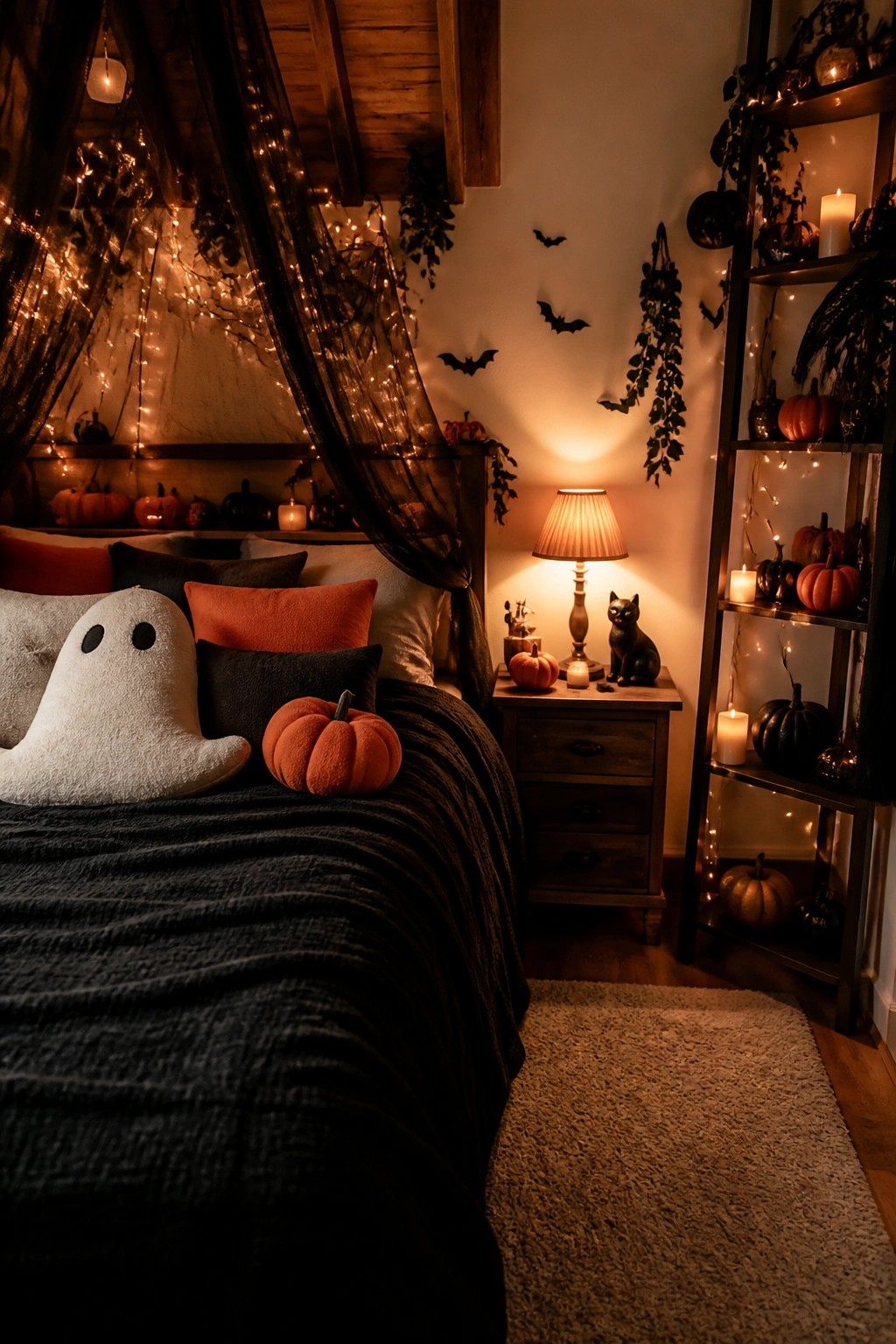 A bedroom featuring a white ghost-shaped pillow on a dark bed, with small black bats on the wall and pumpkins on the nightstand and shelves.