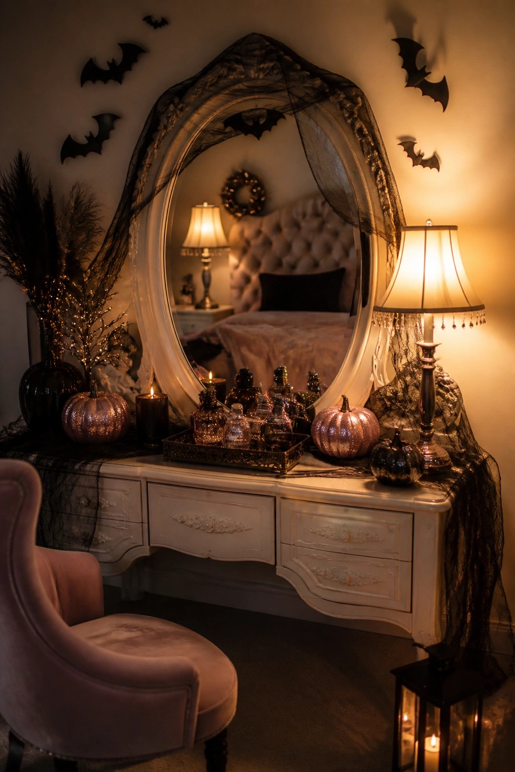 Bedroom vanity mirror framed with black lace and surrounded by black bat decorations on the wall.