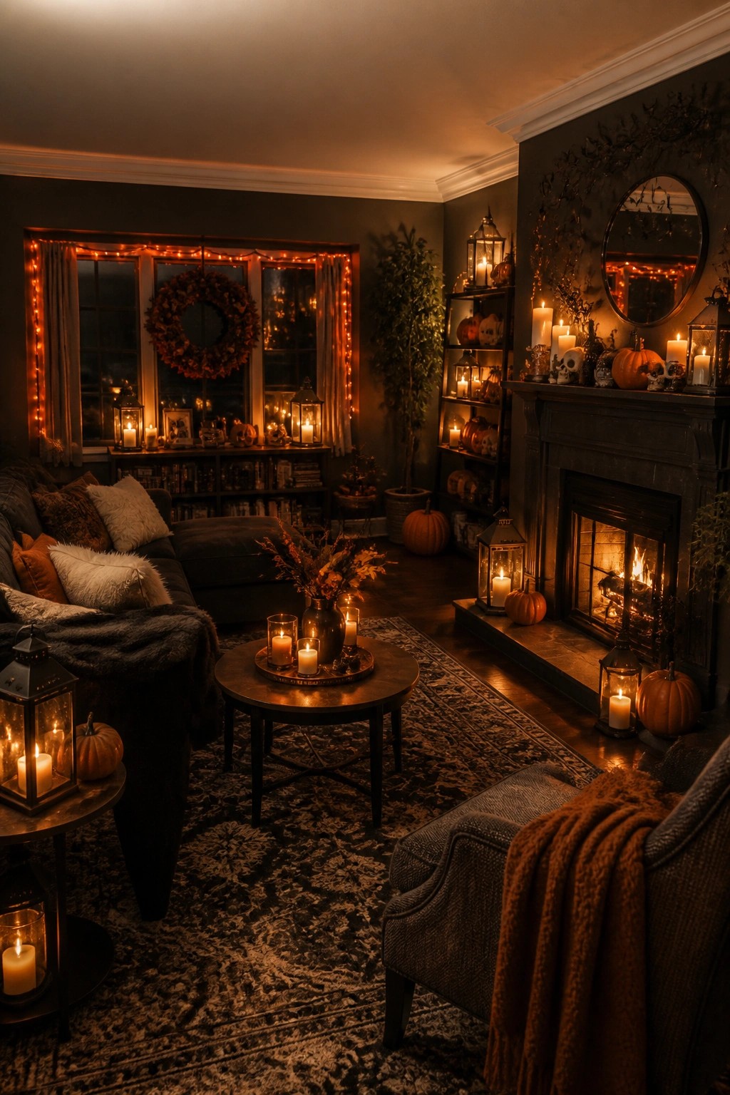 Living room mantel styled with white candles, black lanterns, small pumpkins, and skulls for Halloween.