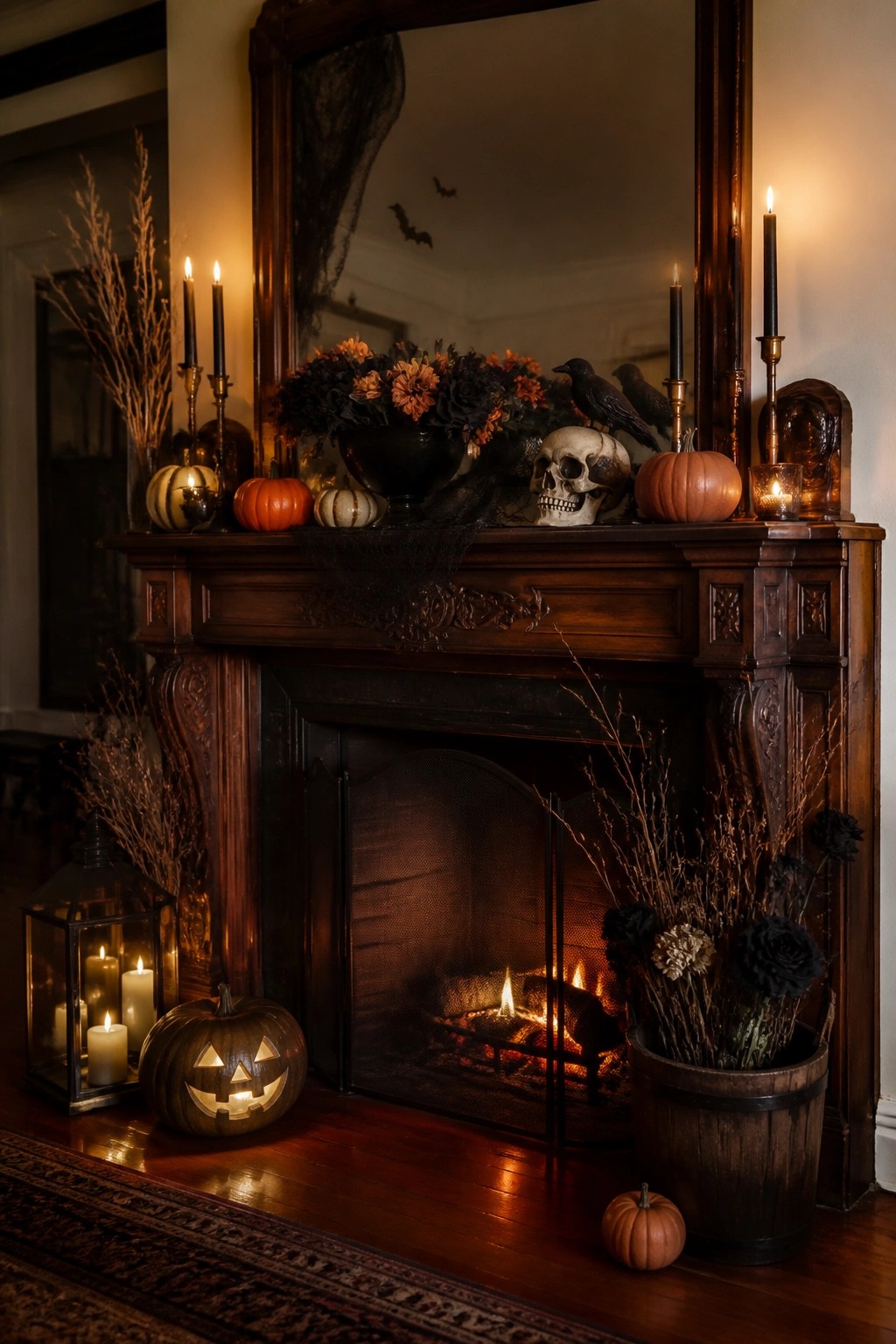 Ornate dark wood fireplace mantel with pumpkins, skull, crows, and lit candles