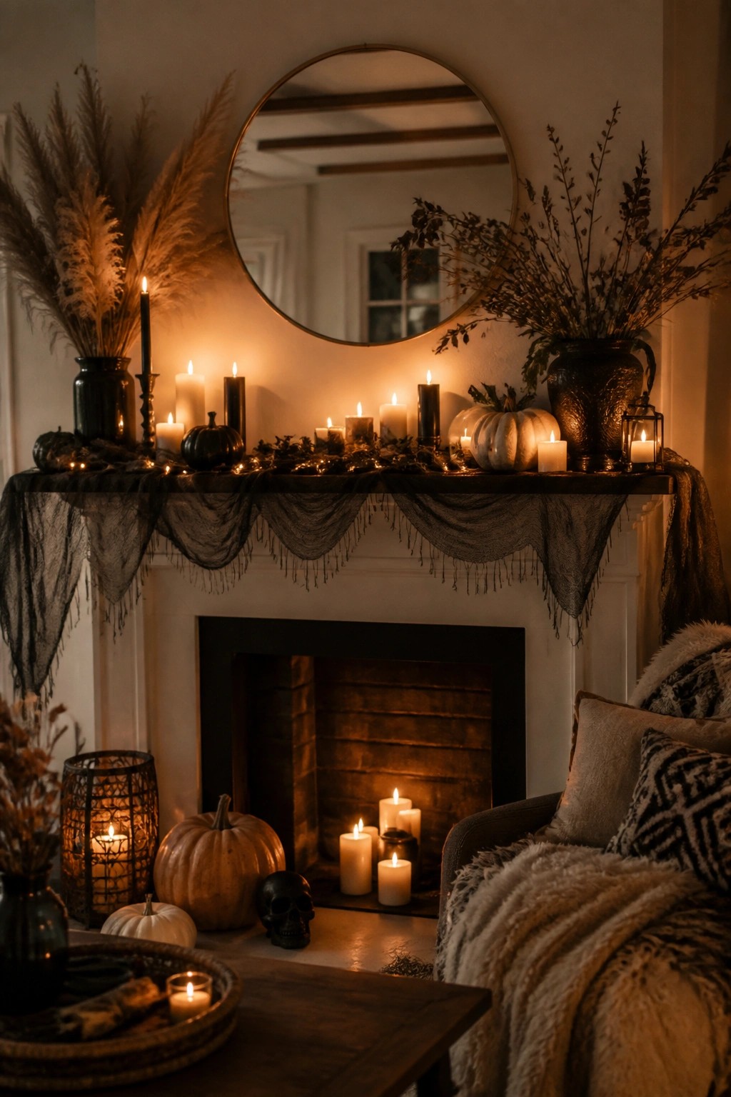A white fireplace mantel decorated for Halloween with rows of white and black candles, pumpkins, a dark fringed garland, and a small black skull on the hearth.