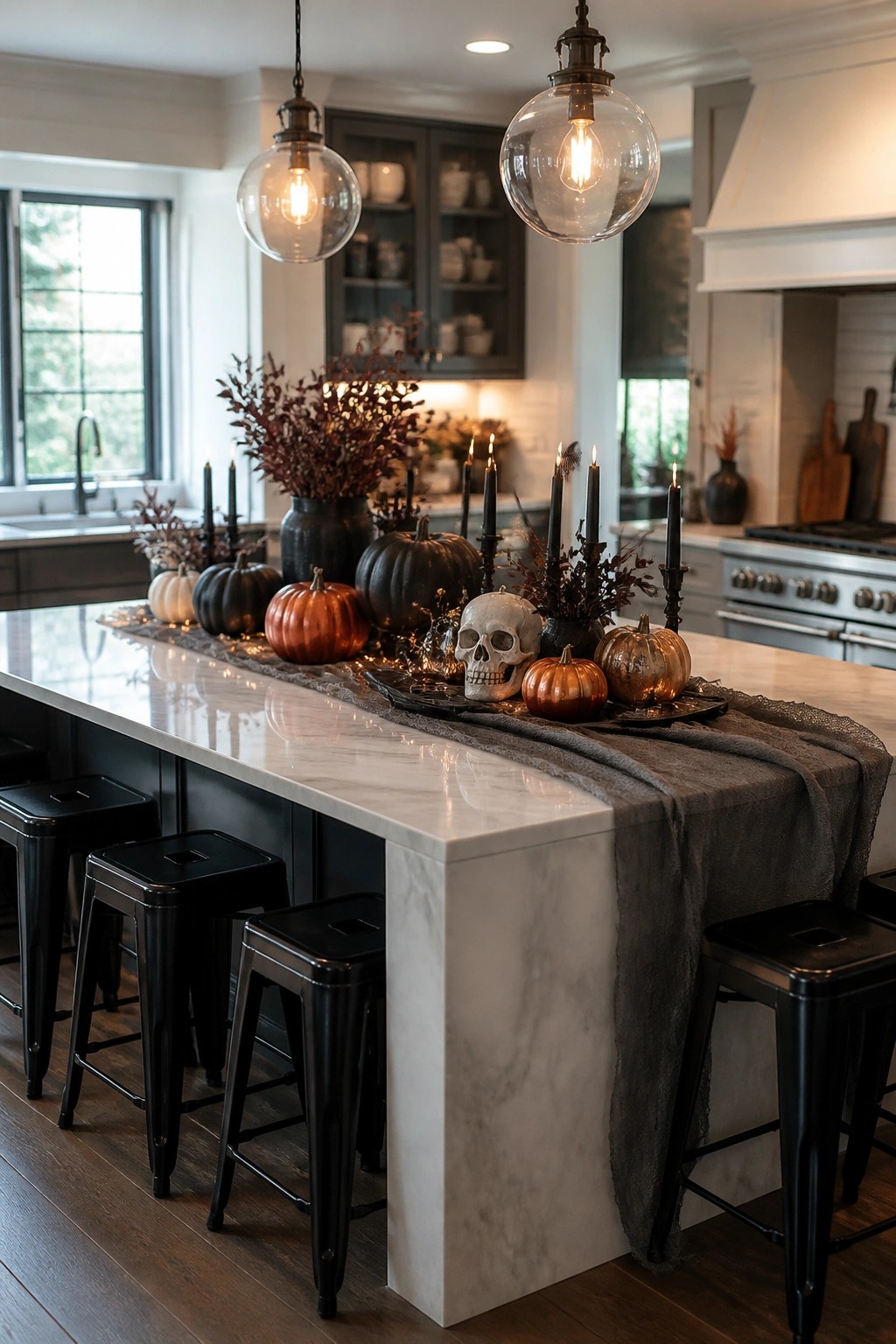Modern kitchen island with black pumpkins, white skull, lit candles, and gray runner.