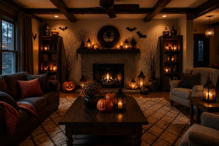 Living room mantel styled with white candles, black lanterns, small pumpkins, and skulls for Halloween.