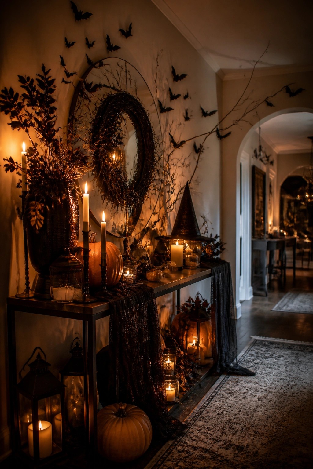 Entryway console with a round mirror surrounded by black bat decorations, a witch hat, pumpkins, and candles on a dark table.