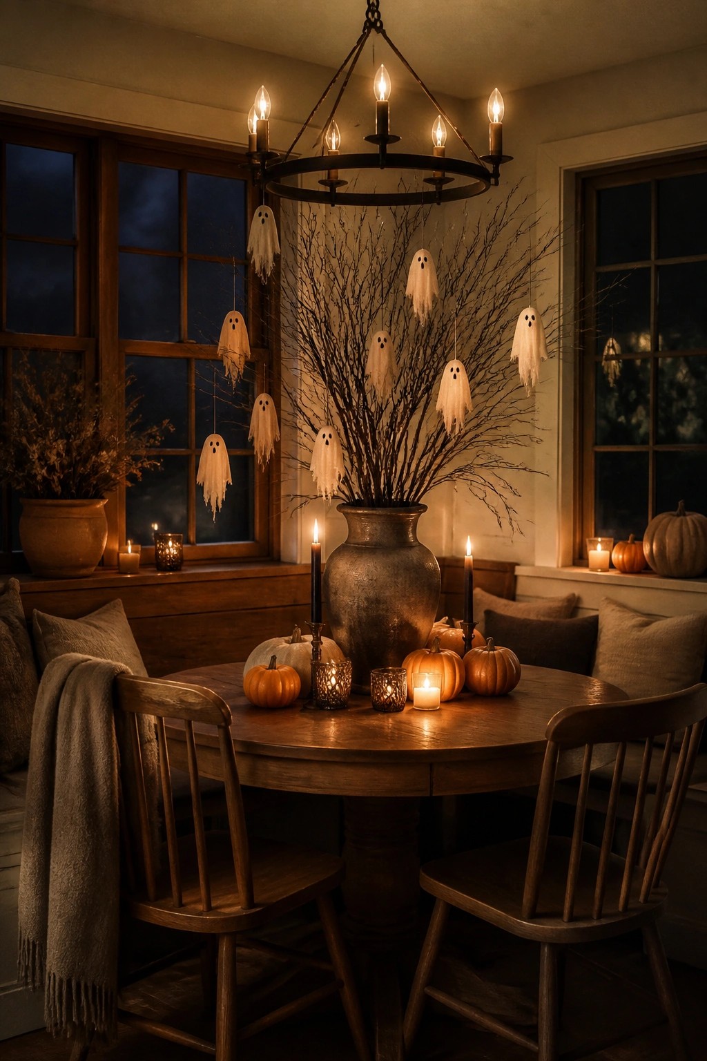 Dining room with a round wooden table, hanging white ghost decorations from the chandelier and branches, and small pumpkins with candles on the table.